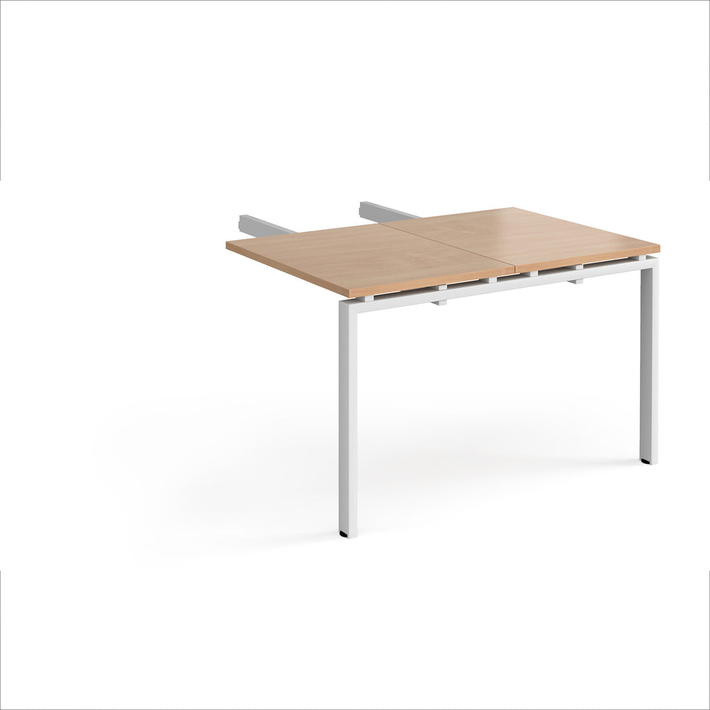 Desk add-on unit with wood-effect top and white metal frame on a white background