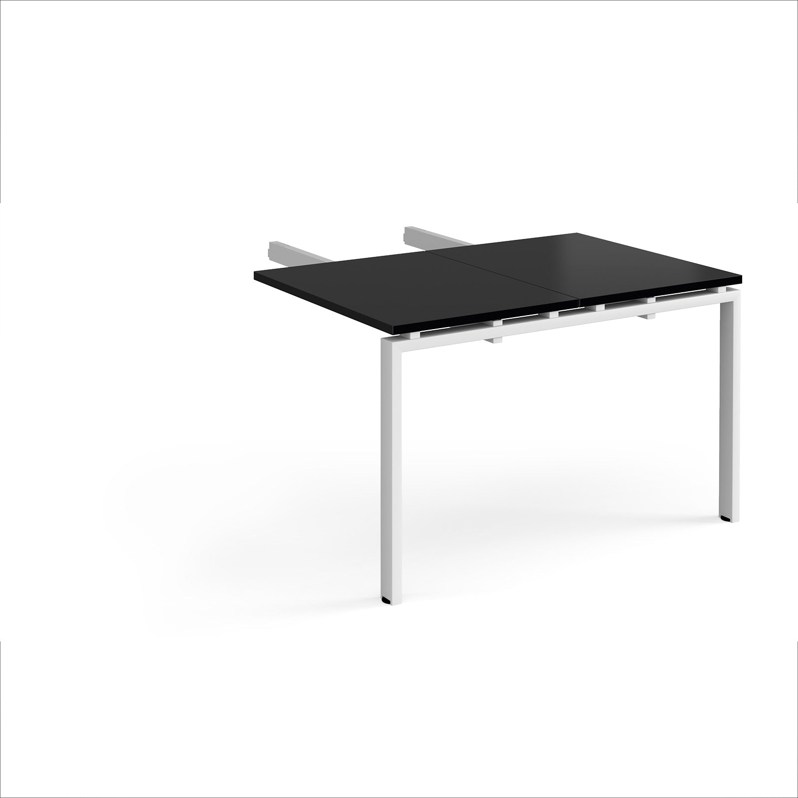 Desk add-on unit with black top and white metal frame on a white background