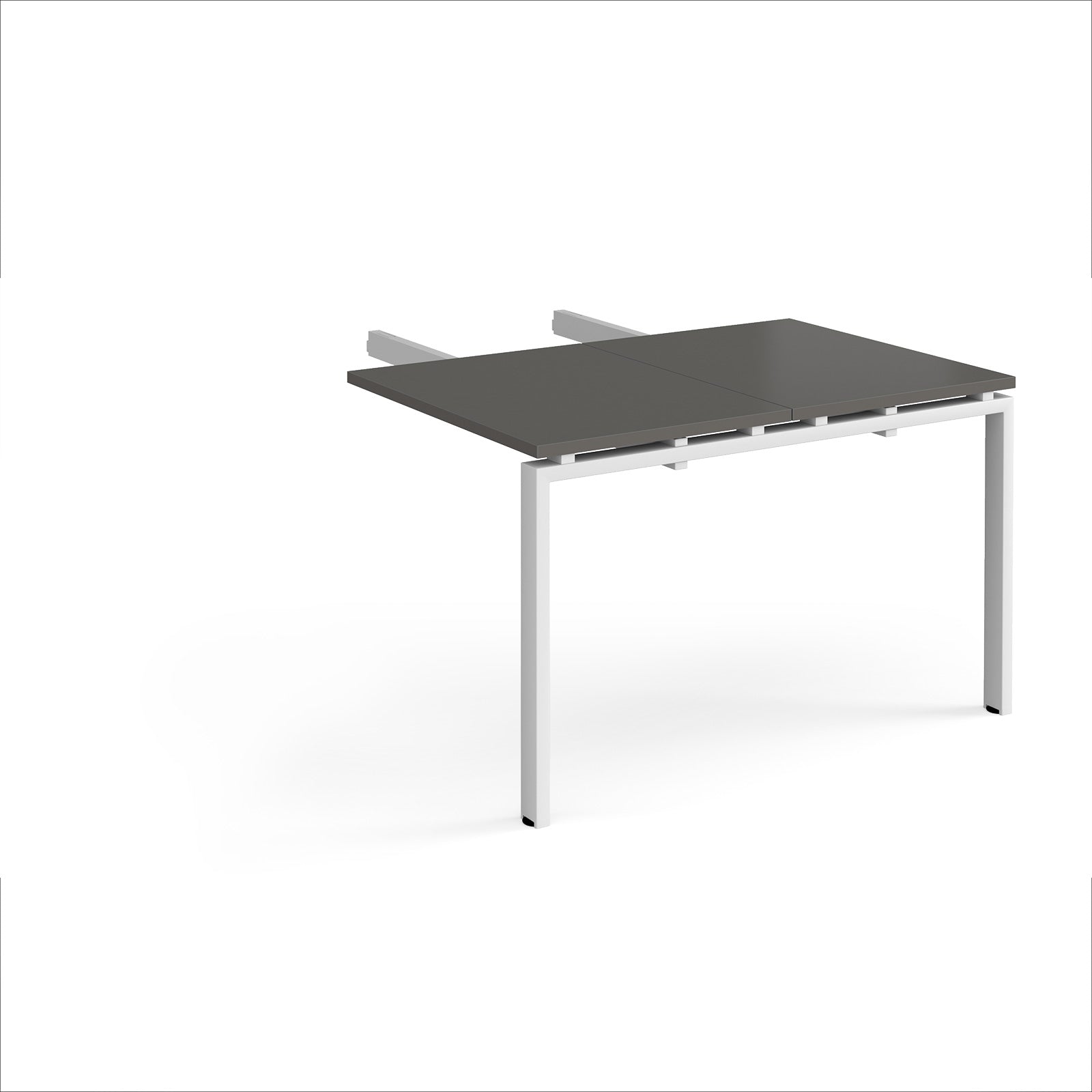 Desk add-on unit with grey top and white metal frame on a white background