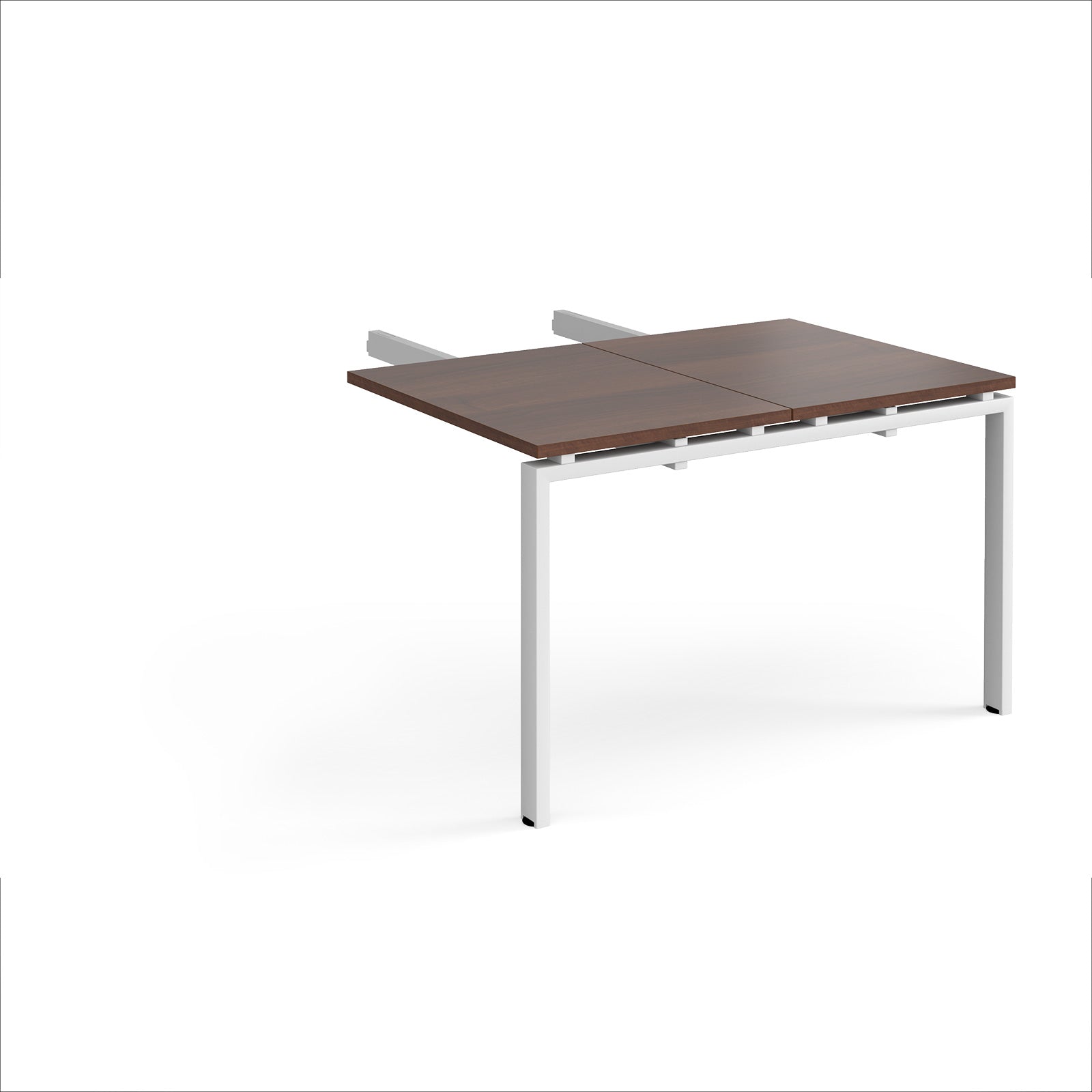 Desk add-on unit with wood-effect top and white metal frame on a white background