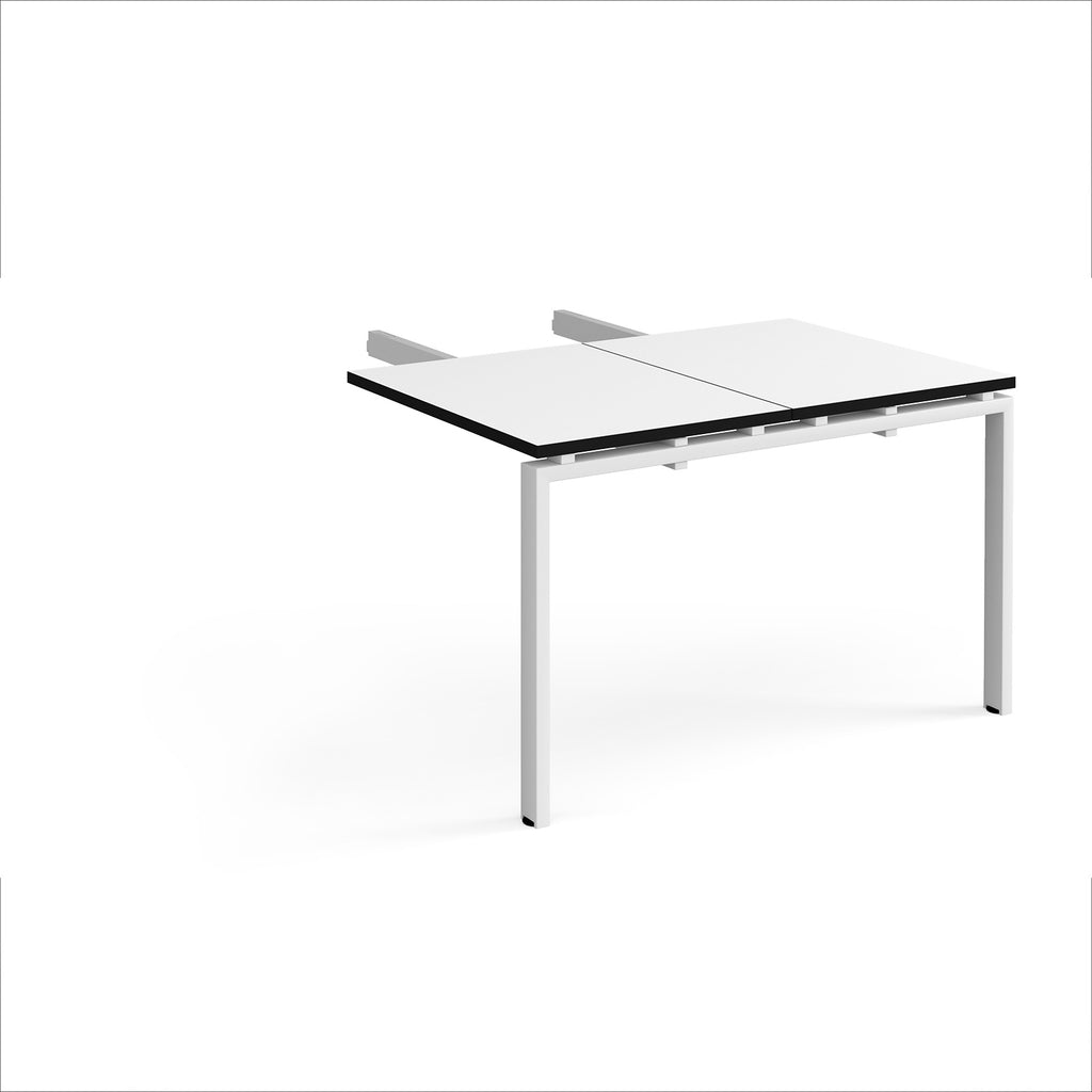 Desk add-on unit with white top with black edges and white metal frame on a white background