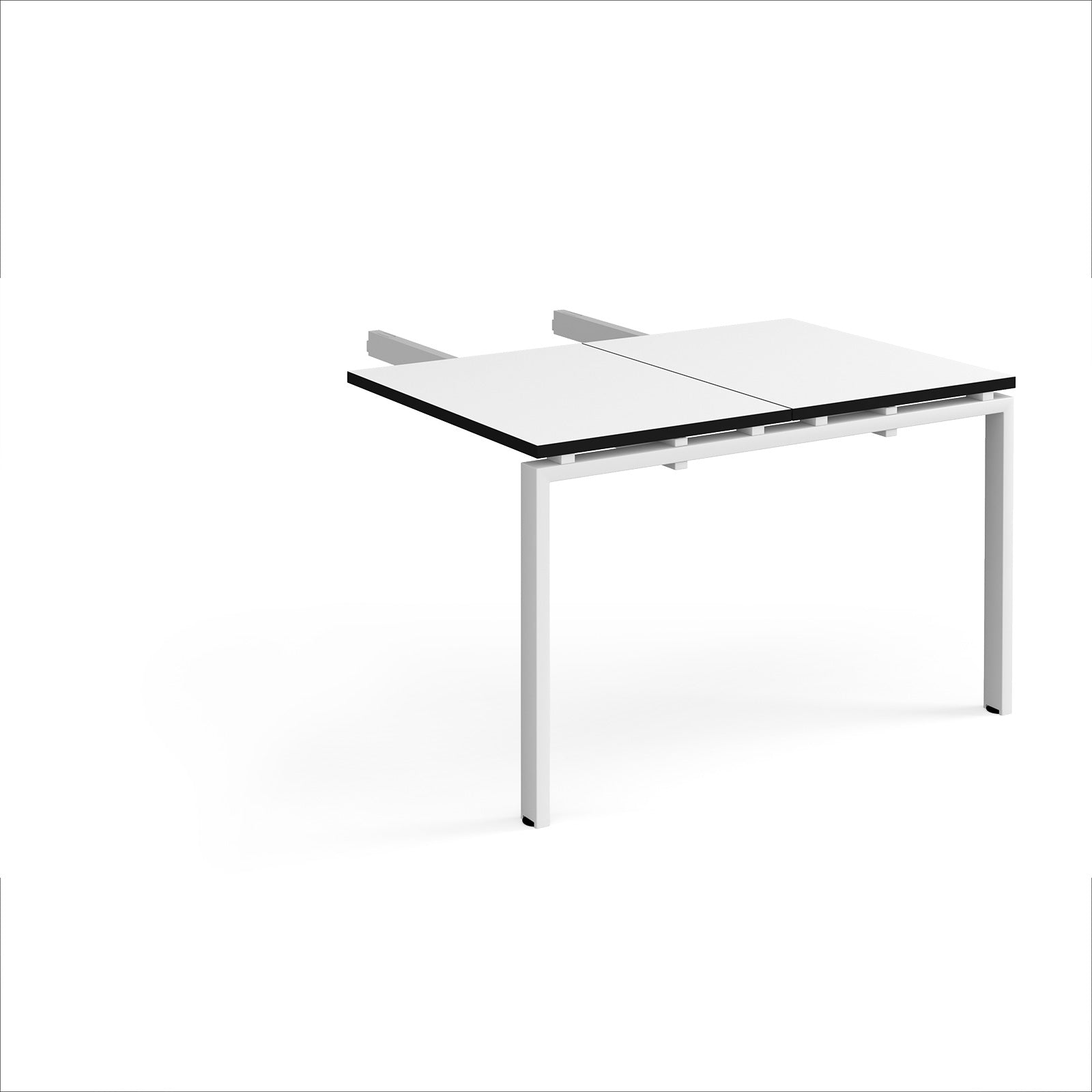 Desk add-on unit with white top with black edges and white metal frame on a white background