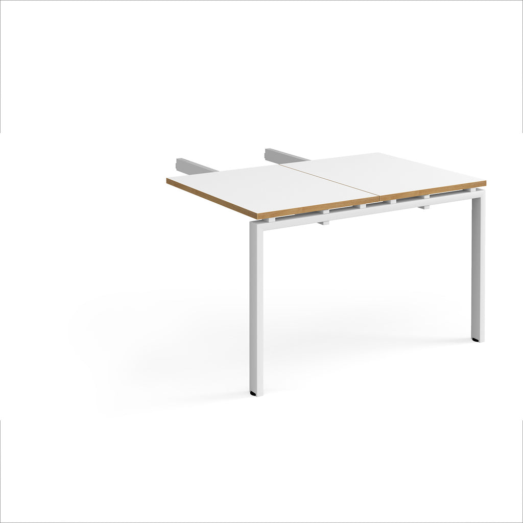Desk add-on unit with white top with wooden edges and white metal frame on a white background