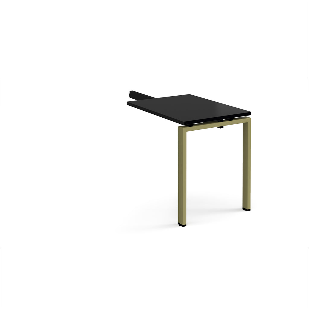 Desk add-on unit with black top and green metal frame on a white background