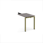 Desk add-on unit with grey wood-effect top and green metal frame on a white background