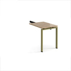 Desk add-on unit with wood-effect top and green metal frame on a white background