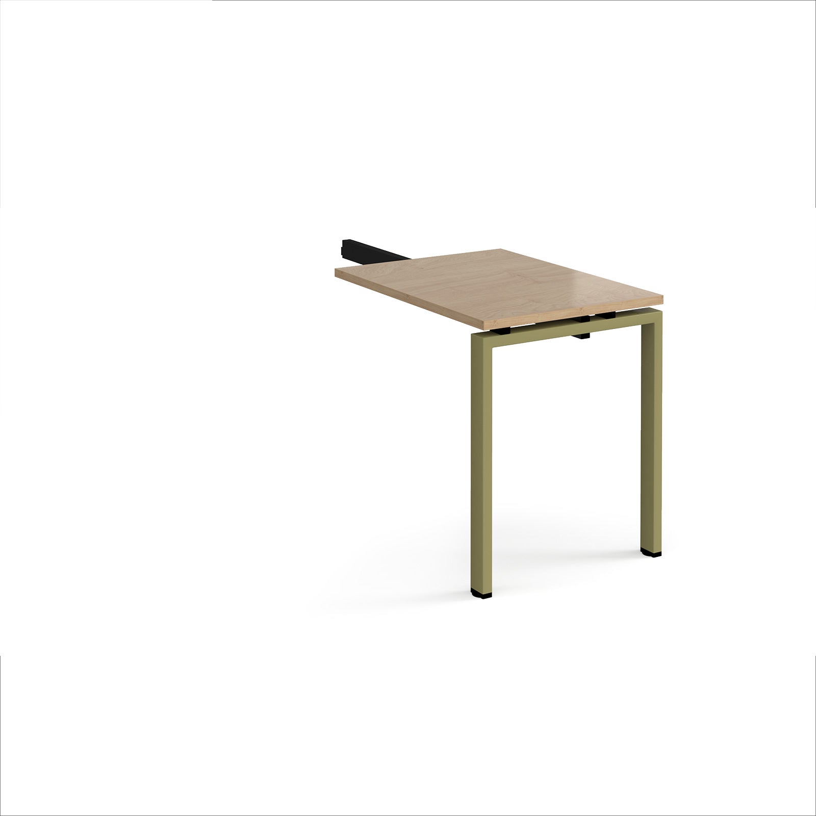 Desk add-on unit with wood-effect top and green metal frame on a white background