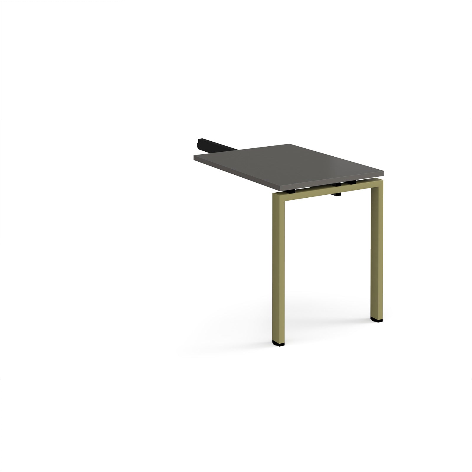 Desk add-on unit with grey top and green metal frame on a white background