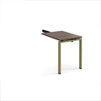 Desk add-on unit with wood-effect top and green metal frame on a white background
