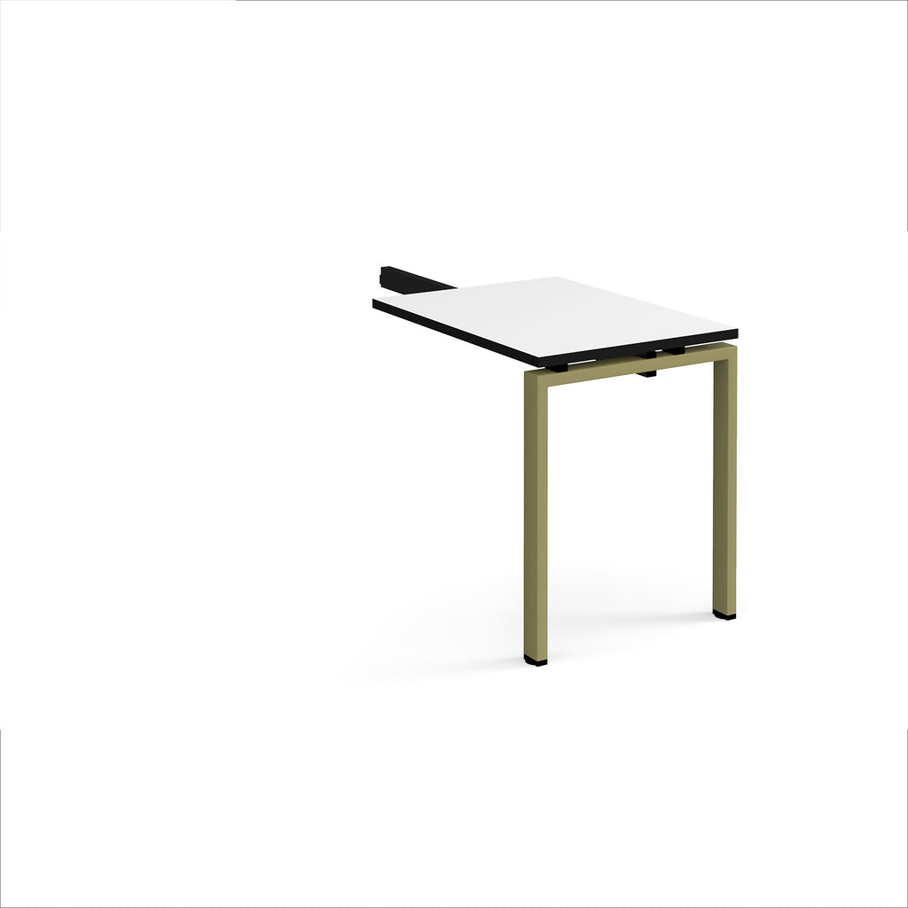 Desk add-on unit with white top with black edges and green metal frame on a white background