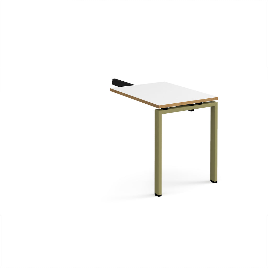 Desk add-on unit with white top with wooden edges and green metal frame on a white background
