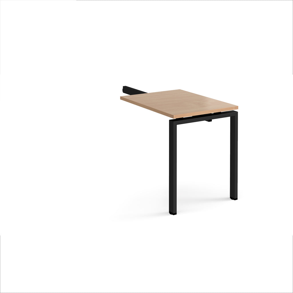 Desk add-on unit with wood-effect top and black metal frame on a white background