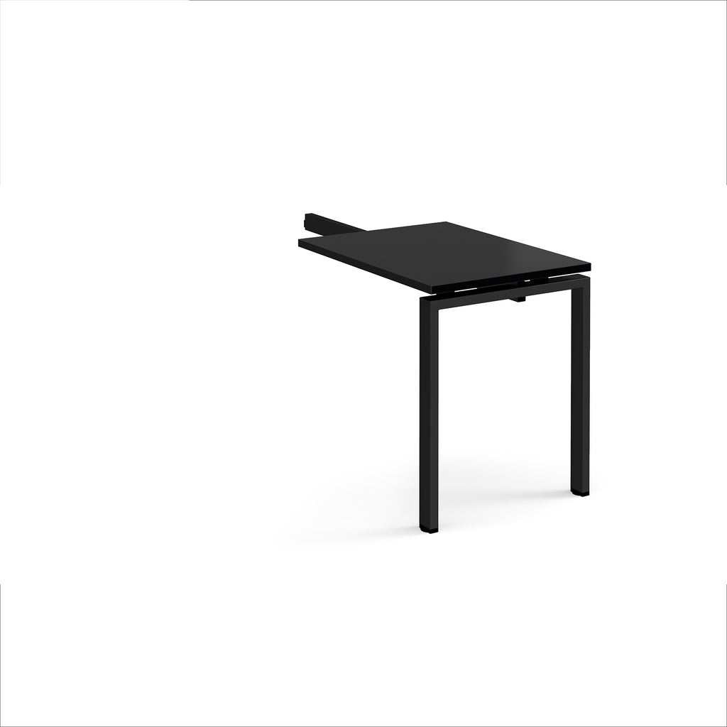 Desk add-on unit with black top and metal frame on a white background