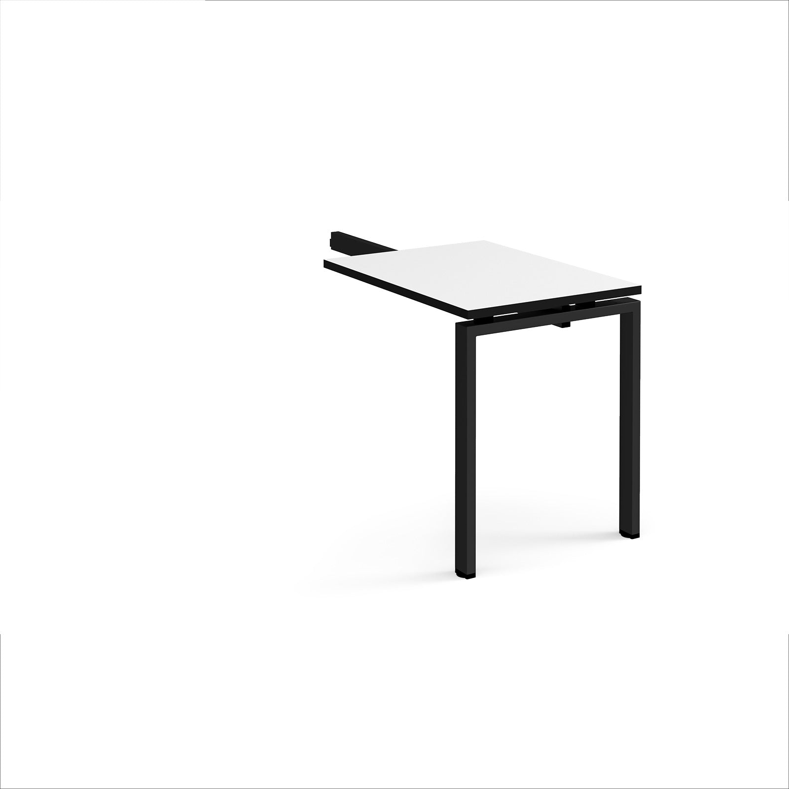 Desk add-on unit with white top with black edges and black metal frame on a white background