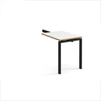 Desk add-on unit with white top with wooden edges and black metal frame on a white background