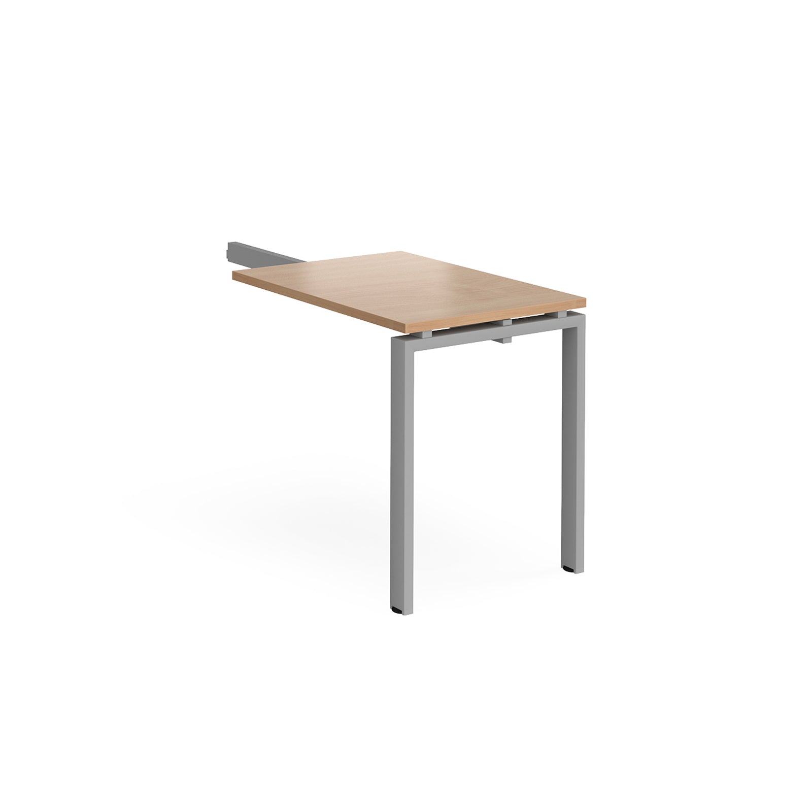 Desk add-on unit with wood-effect top and silver metal frame on a white background
