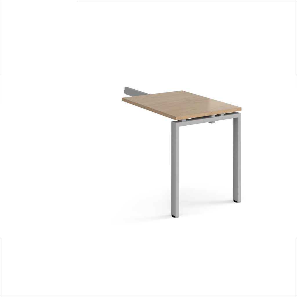 Desk add-on unit with wood-effect top and silver metal frame on a white background