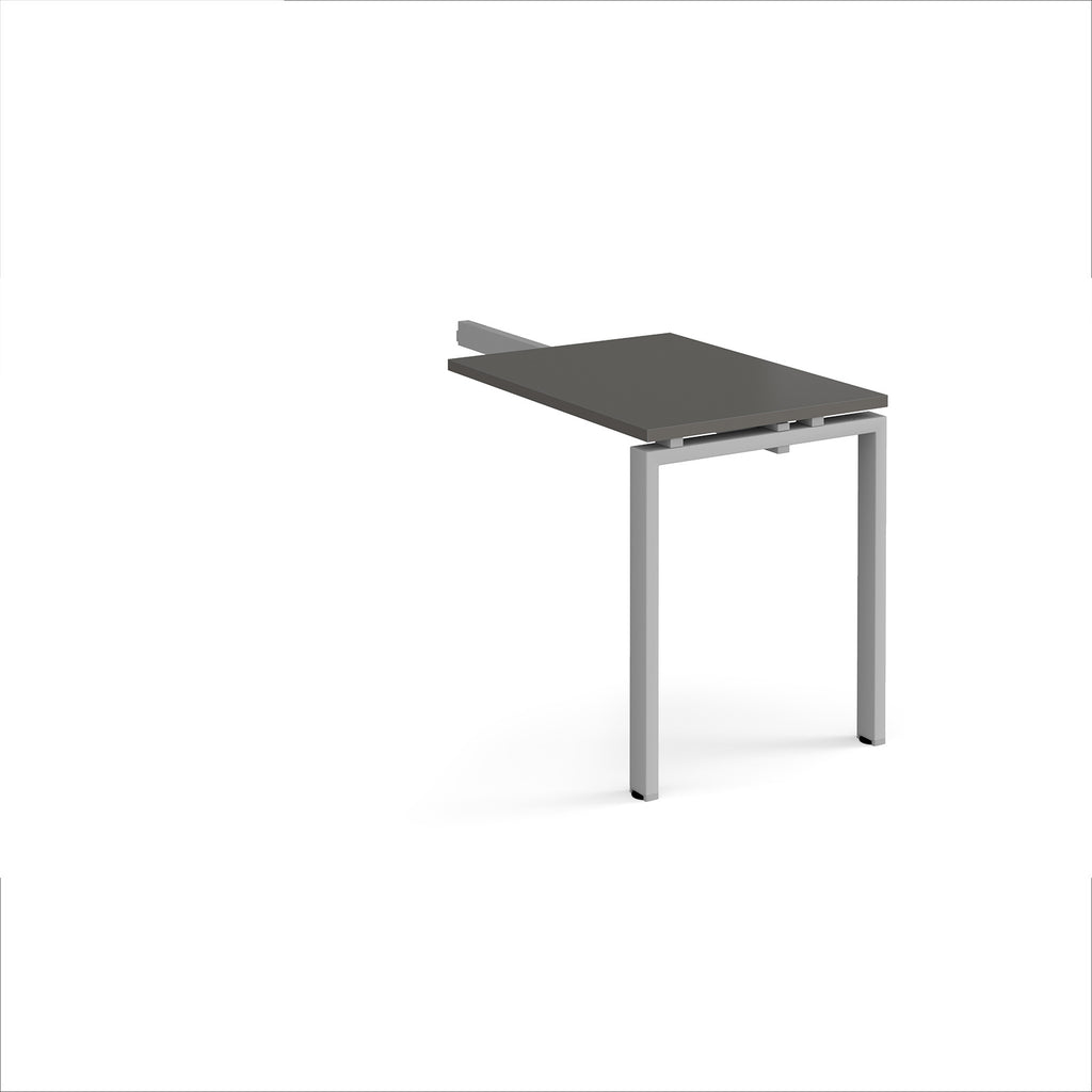Desk add-on unit with grey top and silver metal frame on a white background