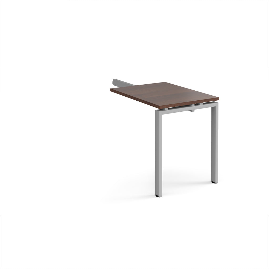 Desk add-on unit with wood-effect top and silver metal frame on a white background