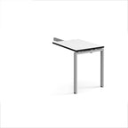 Desk add-on unit with white top with black edges and silver metal frame on a white background