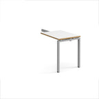 Desk add-on unit with white top with wooden edges and silver metal frame on a white background