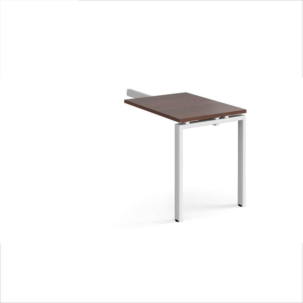 Desk add-on unit with wood-effect top and white metal frame on a white background