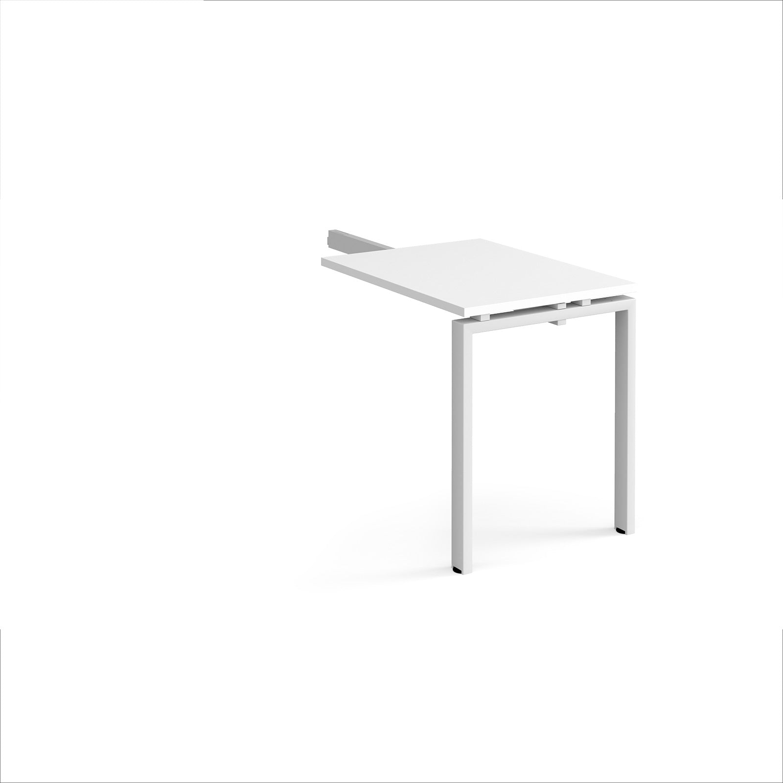 Desk add-on unit with white top and metal frame on a white background