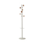 A modern coat rack with a slim white metal pole, multiple natural wood circular pegs, a lower ring hook, and a round base, shown on a plain white background.