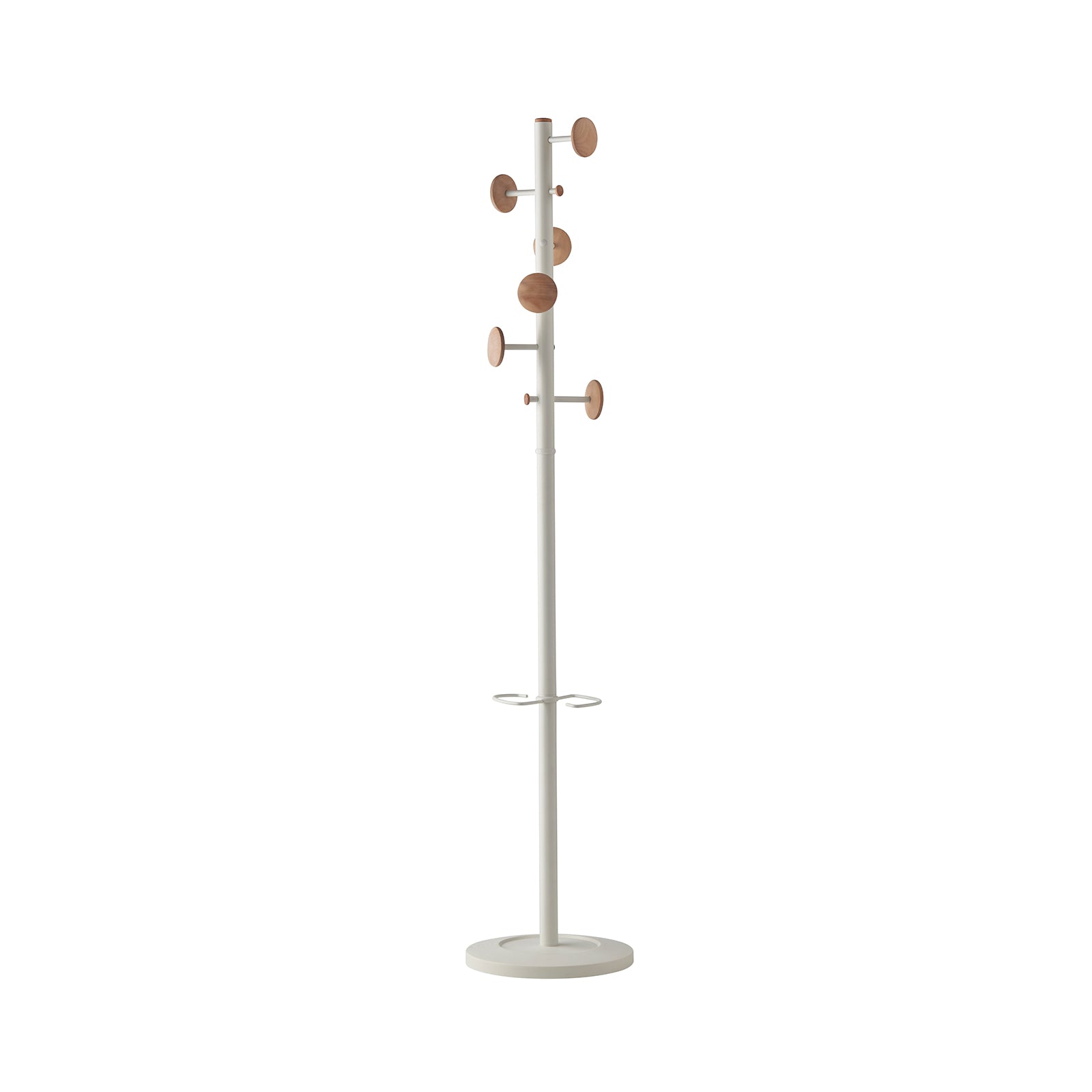A modern coat rack with a slim white metal pole, multiple natural wood circular pegs, a lower ring hook, and a round base, shown on a plain white background.