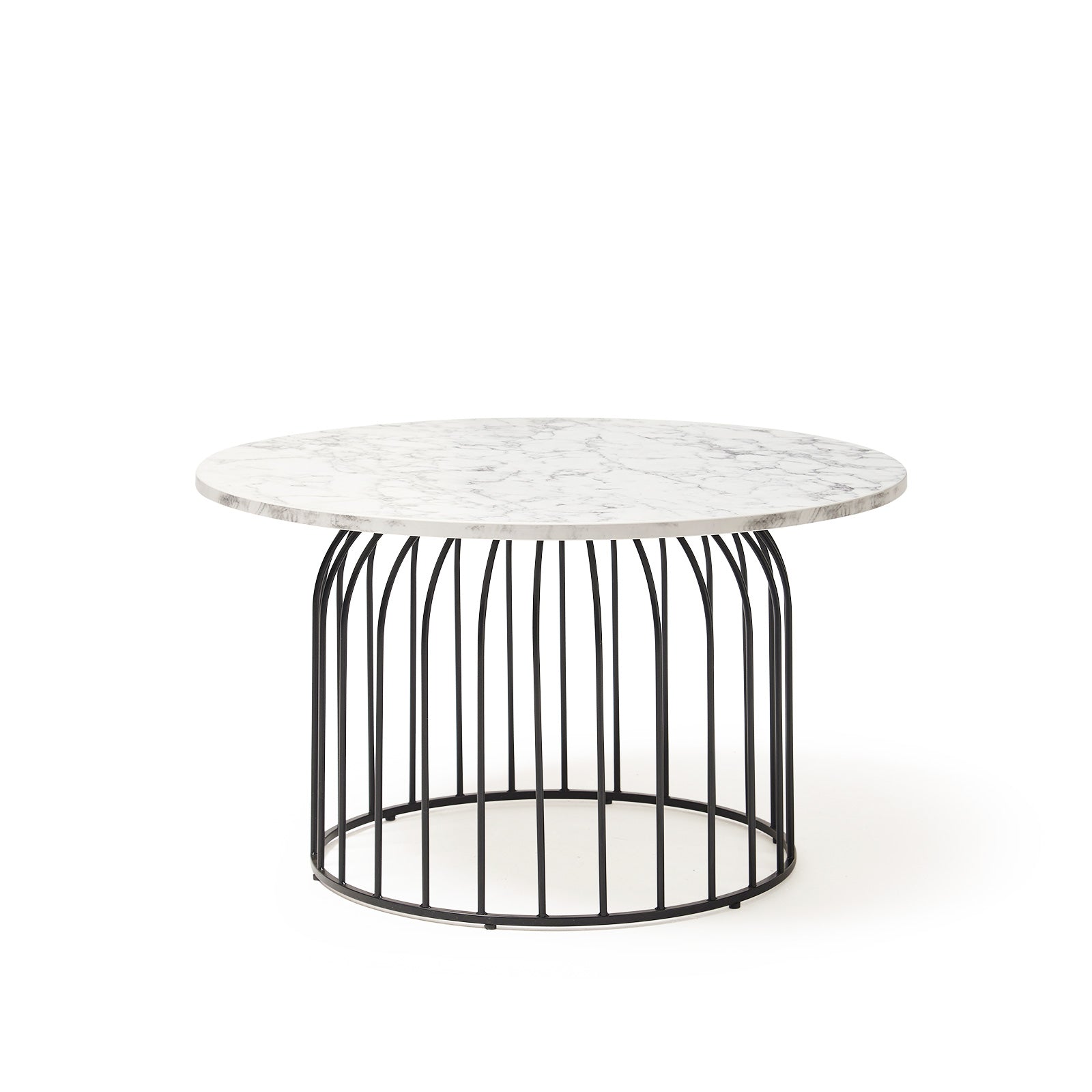 Round coffee table with marble effect top and black metal base on a white background