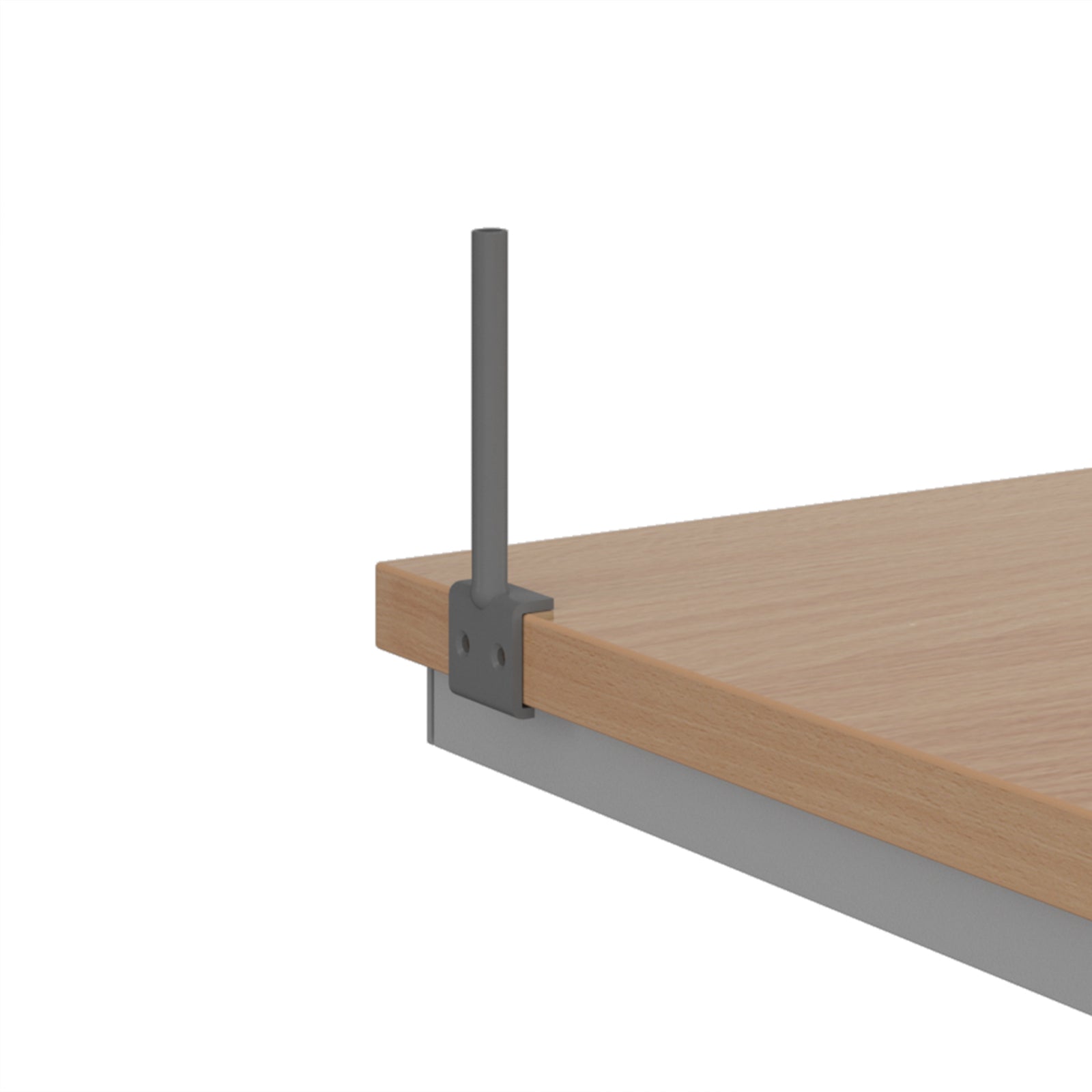 Close-up of a desk or tabletop corner with a light wood grain surface attached to a grey metal frame, showing a dark grey mounting bracket and vertical support against a white background.