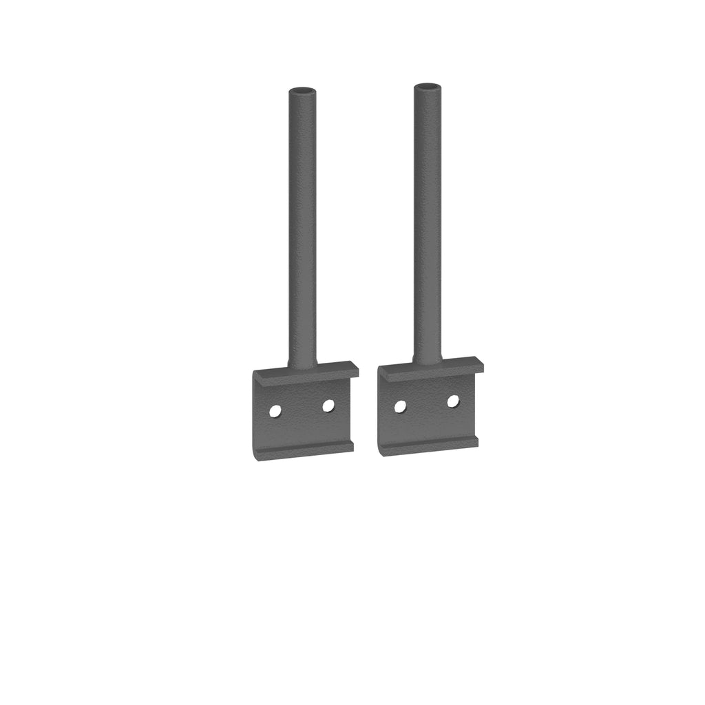 Two grey metal brackets on a white background