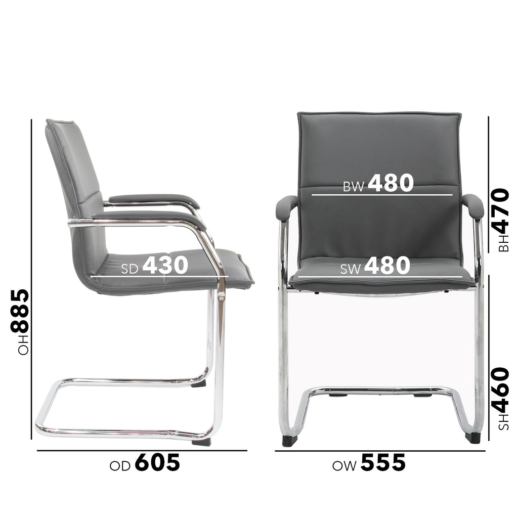 Gray office chair with dimensions labeled on a white background