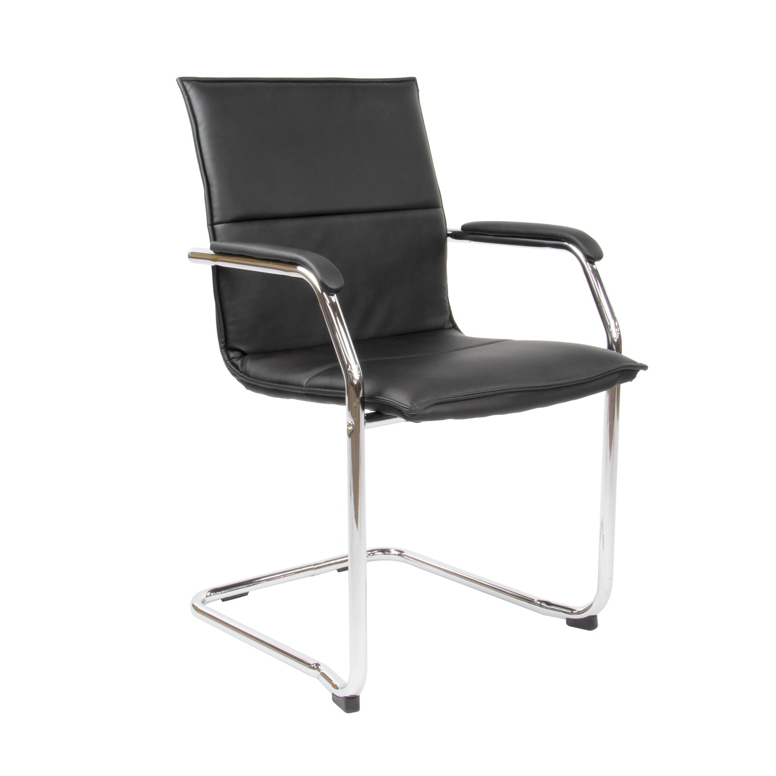 Black leather chair with chrome frame on a white background
