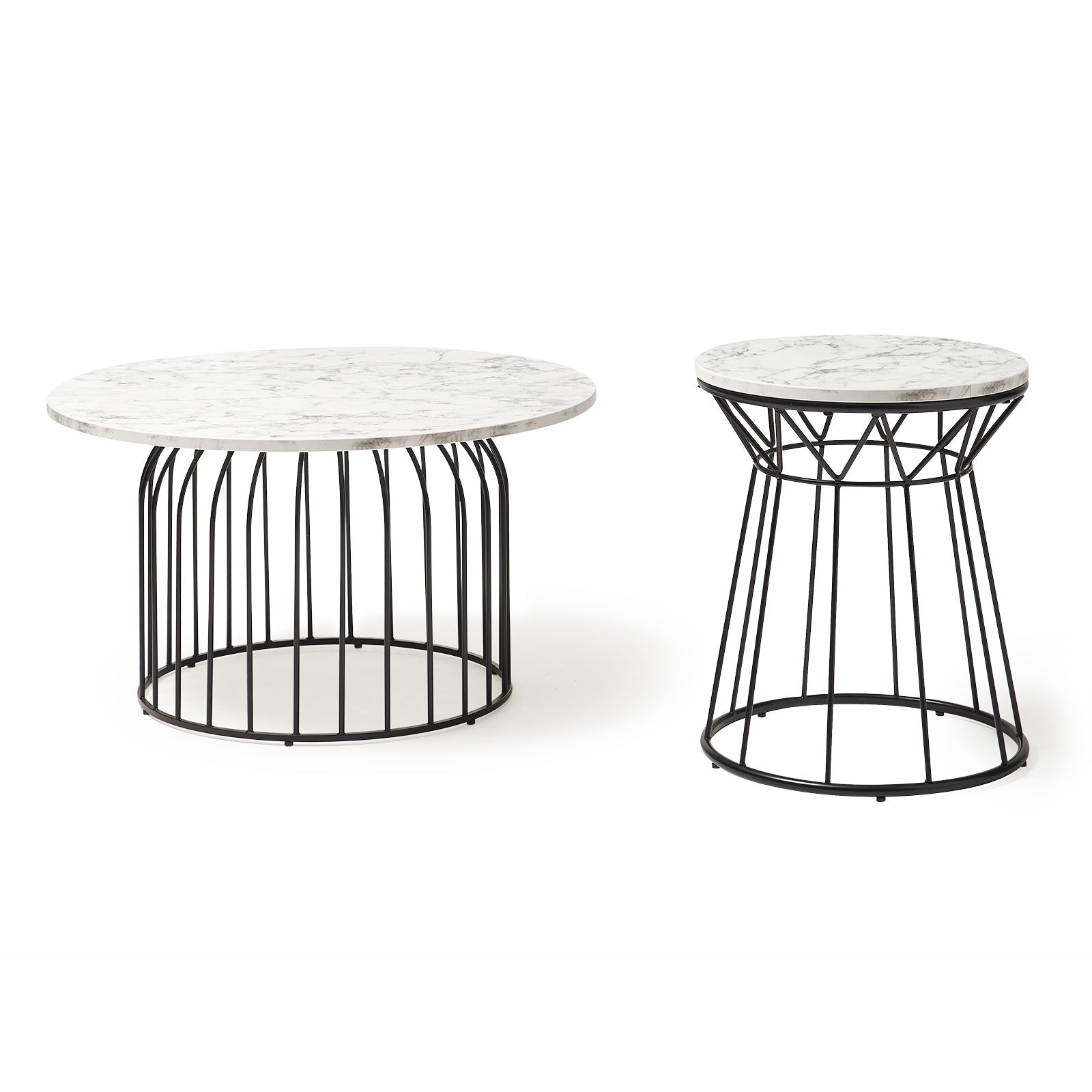Two marble effect top tables with black metal frames on a white background