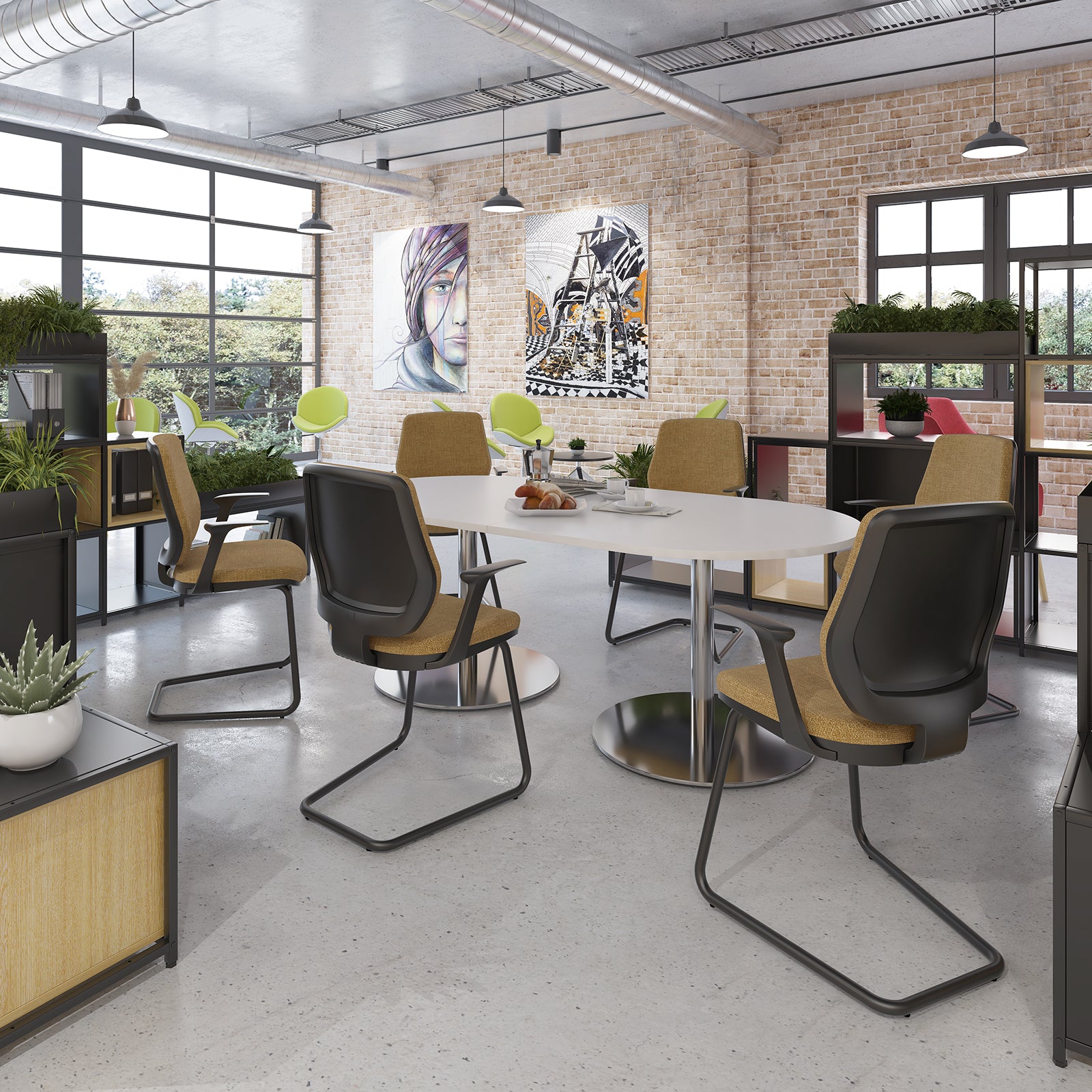 Modern office space with round tables and chairs, large windows, and artwork on the walls.