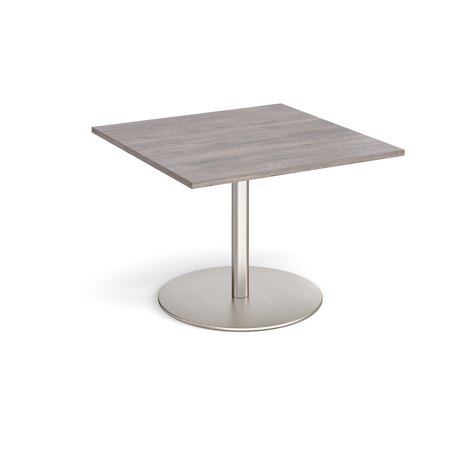 Square table with grey wood-effect top and brushed steel pedestal base on a white background
