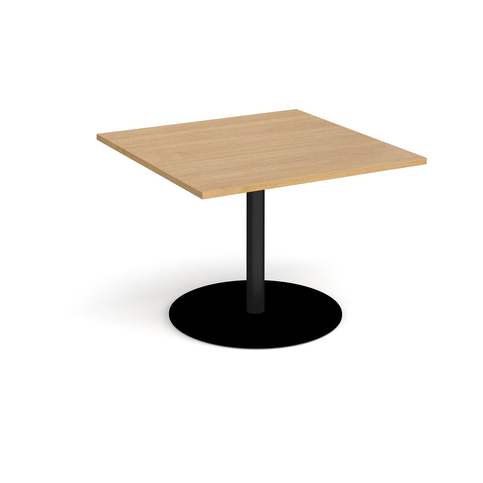 Square table with wood-effect top and black pedestal base on a white background
