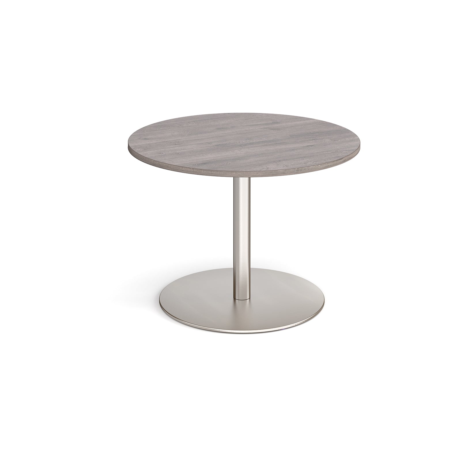 Round table with a wooden top and metal base on a white background