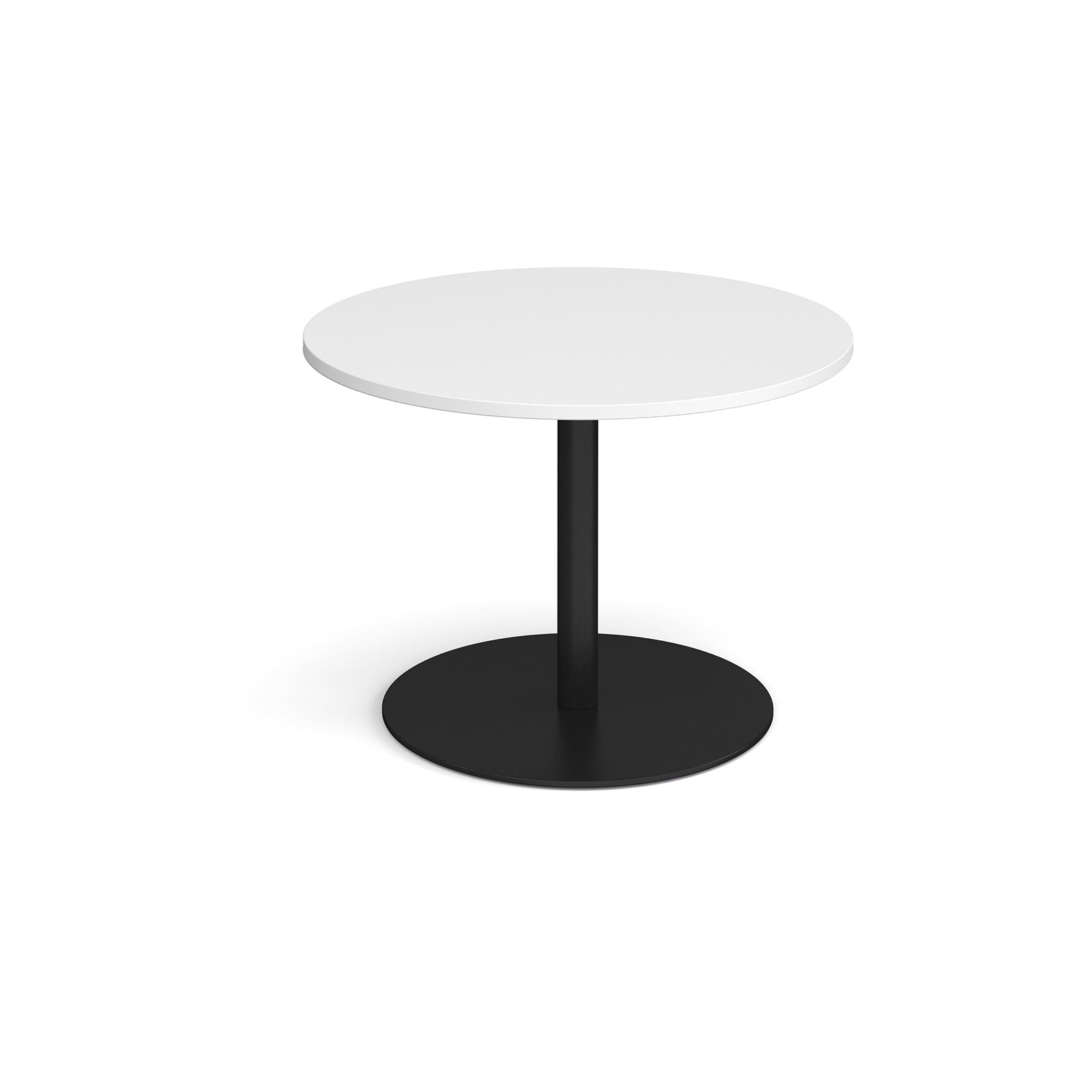 Round table with white top and black base on a white background