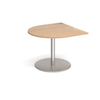 Radial extension table with wood-effect top and brushed steel pedestal base on a white background