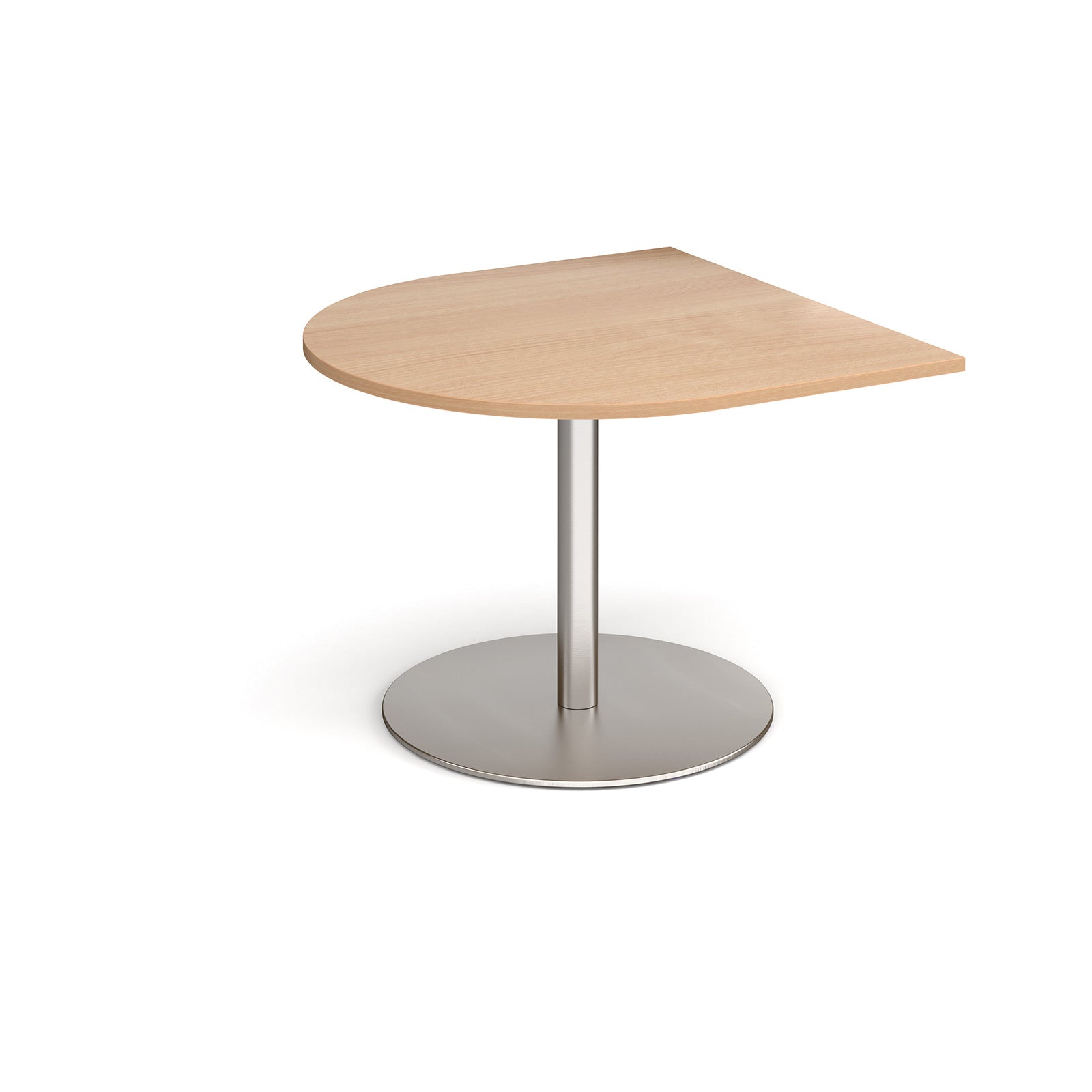 Radial extension table with wood-effect top and brushed steel pedestal base on a white background