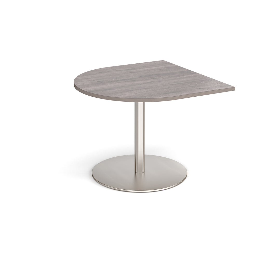 Radial extension table with grey wood-effect top and brushed steel pedestal base on a white background