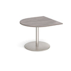 Radial extension table with grey wood-effect top and brushed steel pedestal base on a white background