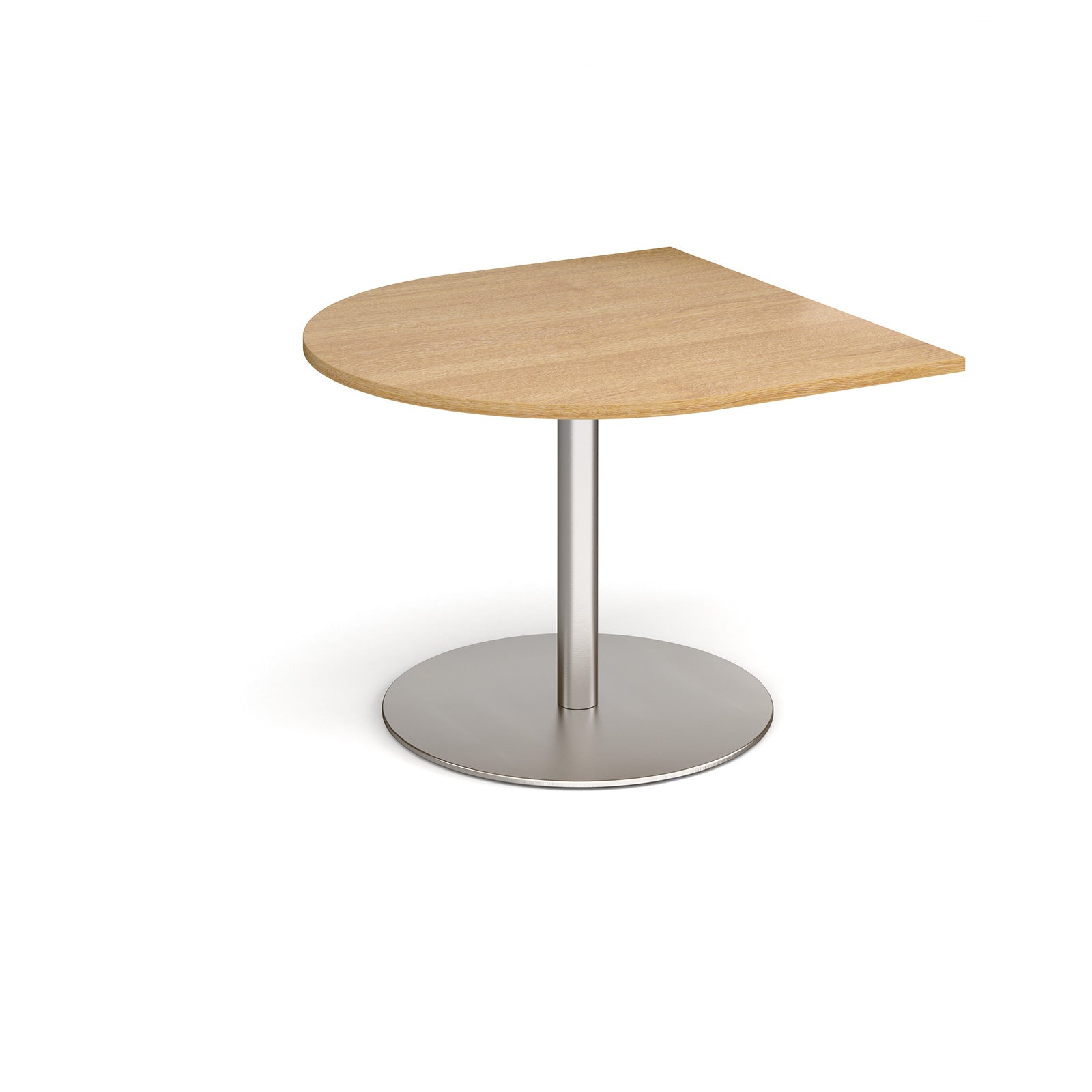 Radial extension table with wood-effect top and brushed steel pedestal base on a white background