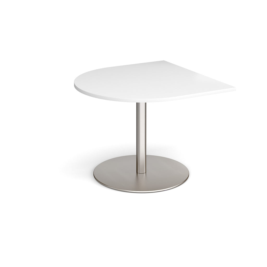Radial extension table with white top and brushed steel pedestal base on a white background