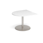 Radial extension table with white top and brushed steel pedestal base on a white background