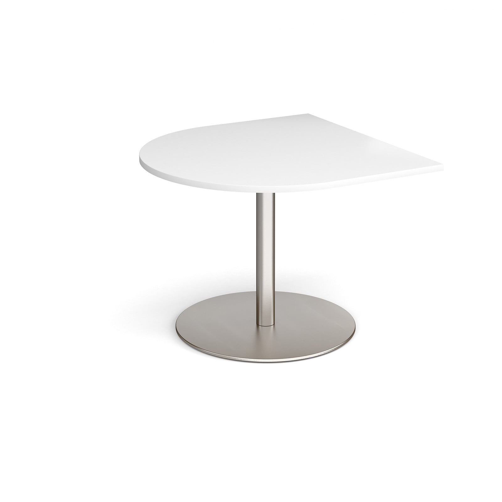 Radial extension table with white top and brushed steel pedestal base on a white background