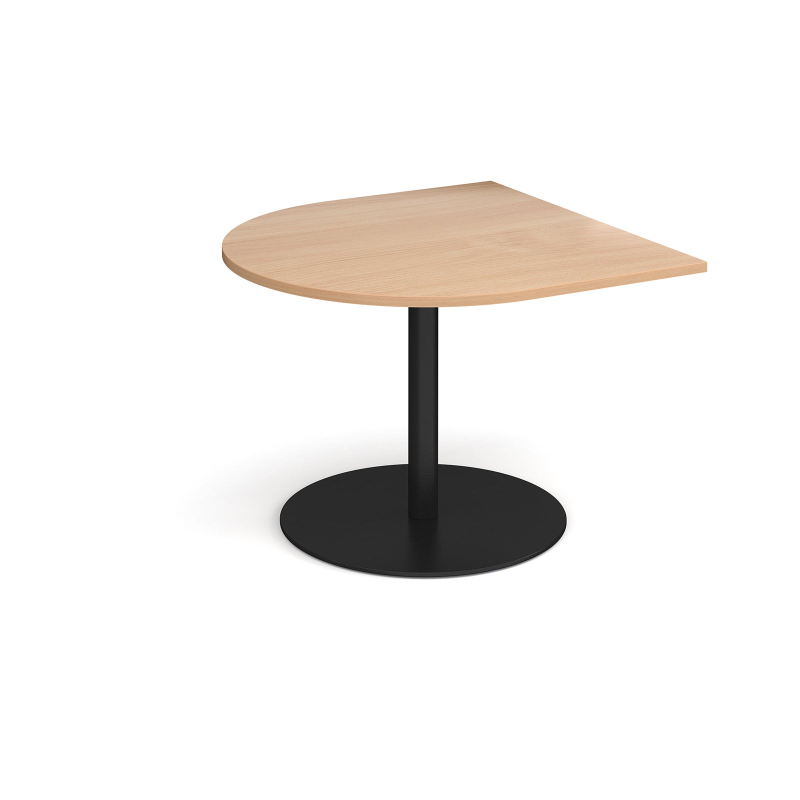 Radial extension table with wood-effect top and black pedestal base on a white background