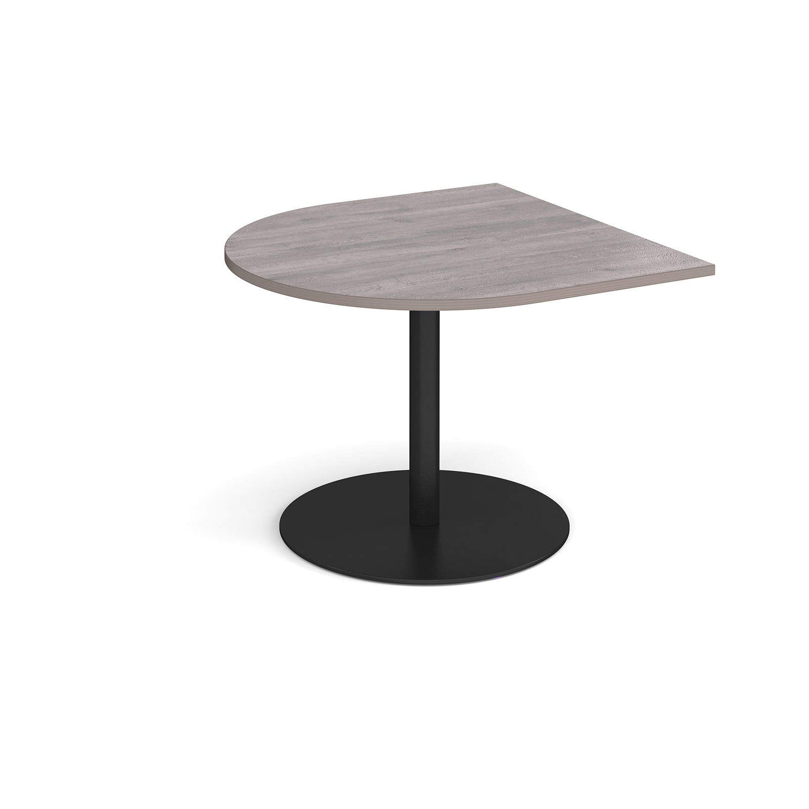 Radial extension table with grey wood-effect top and black pedestal base on a white background